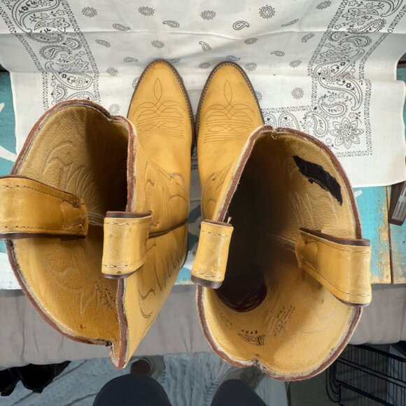 Vtg Justin Mule Hide Tan Western Work Cowboy Boots Mens 7.5D USA Made Cushioned - Picture 5 of 11